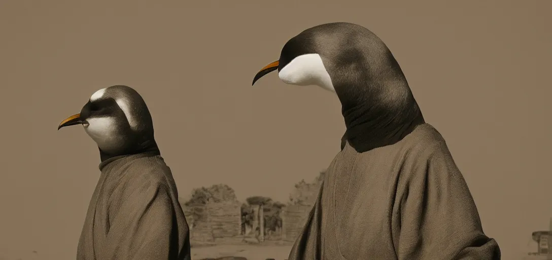 Prompt: pingu as samurai, sepia photography