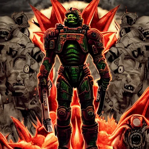 Image similar to doomguy standing on top of all the demons he has killed throughout the years, posing for the camera, very detailed piece of art,