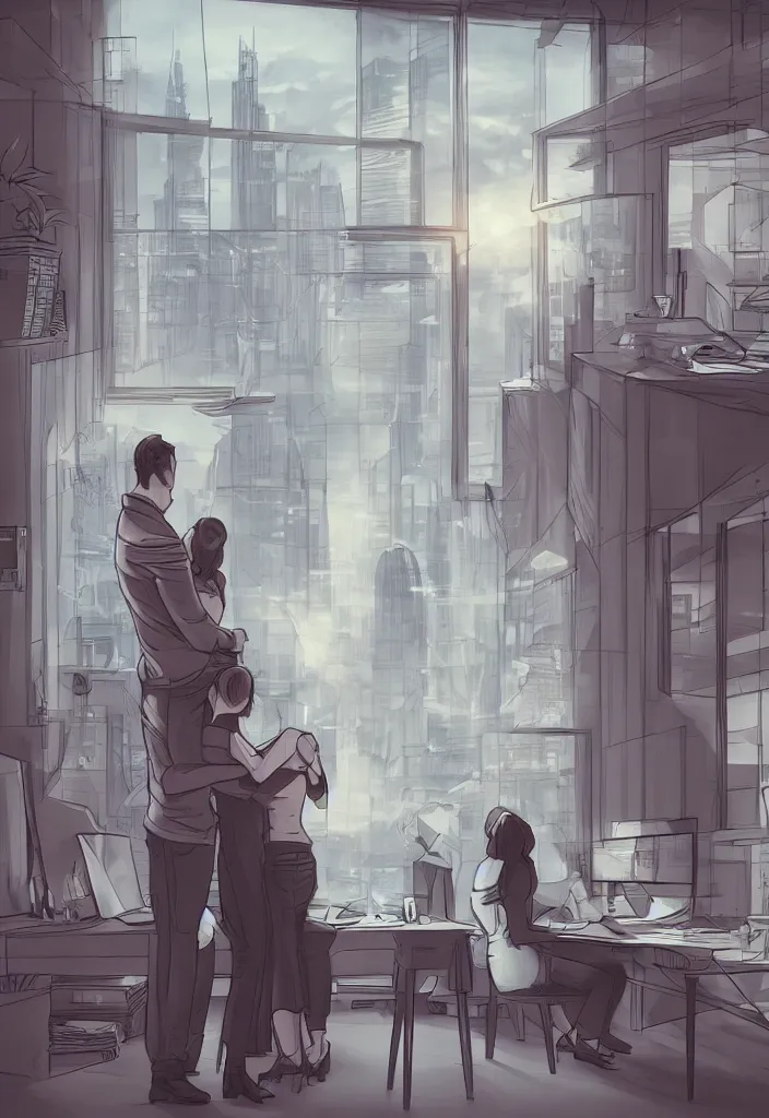 Prompt: wife hugging her sitted husband that at his futuritic desk looking at the window with a futuristic city, rossdraws, global illumination, radiant light, detailed and intricate environment