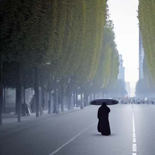 Prompt: Sith lord walking down the avenue des champs elysée, hyper-realistic, 8K HDR.