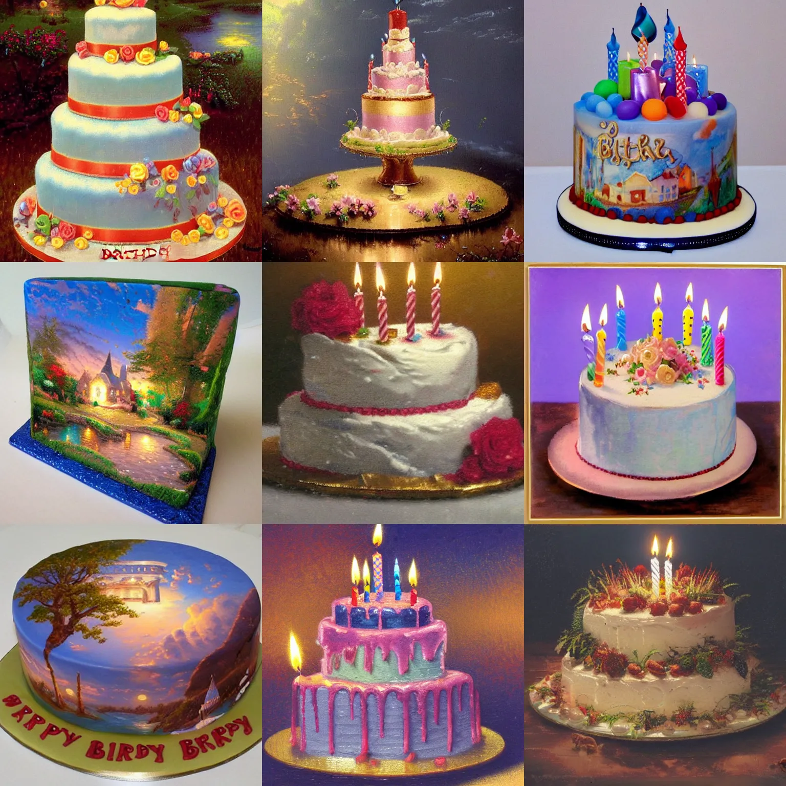 Prompt: birthday cake by thomas! kinkade