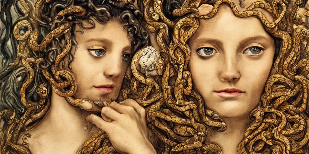 Image similar to realistic portrait of beautiful medusa with her snakes, golden, delicate, facing camera, hyper realism, 1 4 5 0, ink, ultra realistic, 8 k