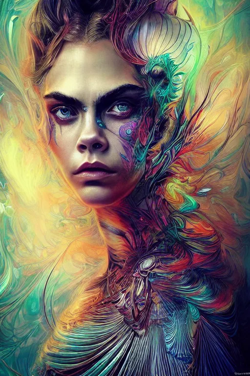 Image similar to an absolutely gorgeous portrait of Cara Delevigne by Android Jones, wings, fractals, Gorgeous colors, face symmetry, insane detail, gorgeous colors, strong composition, awe inspiring lighting, psychedelic, volumetric light, symmetry, subsurface scattering