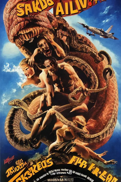 Prompt: Movie poster of Snakes on a plane, Highly Detailed, Dramatic, eye-catching, A masterpiece of storytelling, by frank frazetta, ilya repin, 8k, hd, high resolution print