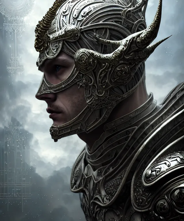 Image similar to hyperrealistic mixed media painting of a stoic male paladin, stunning 3d render inspired art by P. Craig Russell and Barry Windsor-Smith + perfect facial symmetry + dim volumetric lighting, ornate gothic silver platemail, dizzy, full body, 8k octane beautifully detailed render, post-processing, extremely hyperdetailed, intricate, epic composition, grim yet sparkling atmosphere, cinematic lighting + masterpiece, trending on artstation, very very detailed, masterpiece, stunning