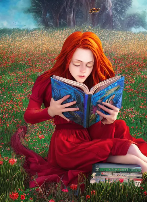 Image similar to An epic fantasy comic book style portrait painting of a young red headed girl reading a book in a field of flowers surrounded by bees, unreal 5, DAZ, hyperrealistic, octane render, cosplay, RPG portrait, dynamic lighting