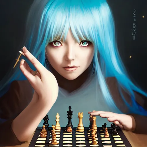 Prompt: rimuru tempest from tensura playing chess, perfect hands, with amber eyes of golden colored eyes, straight hair, sky blue hair, long bangs, high collar, concept art, award winning photography, digital painting, cinematic, wlop, 8 k, by ross tran, tom bagshaw, andy warhol