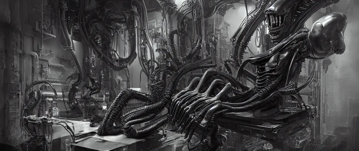 Image similar to duotone noir hyperreal concept illustration of black xenomorph alien machinery engineer sitting in chair by hr giger. cosmic horror atmosphere. cinematic volumentric lighting. by sachin teng and sergey kolesov and ruan jia and heng z. graffiti art, scifi, fantasy, hyper detailed. octane render. trending on artstation