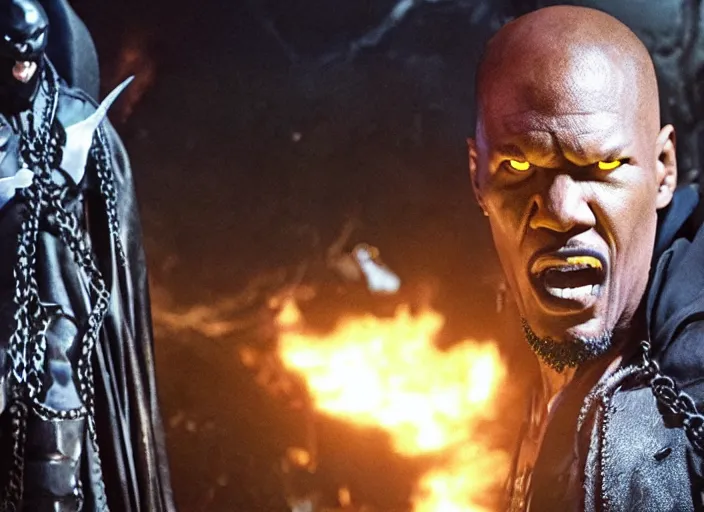 Image similar to film still of jamie foxx as spawn in the new spawn movie, giant chains, large cape, 8 k