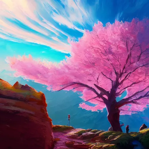 Image similar to giant cherry blossom as a head, girl hiking in a canyon, surreal photography, sunrise, dramatic light, impressionist painting, colorful clouds, digital painting, artstation, simon stalenhag