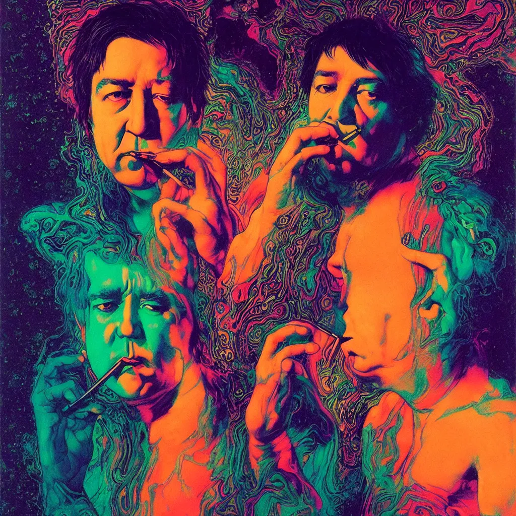 Prompt: psychedelic portrait of bill hicks smoking, vivid colors, neon, art by ( ( ( kuvshinov ilya ) ) ) and wayne barlowe and gustav klimt and artgerm and wlop and william - adolphe bouguereau