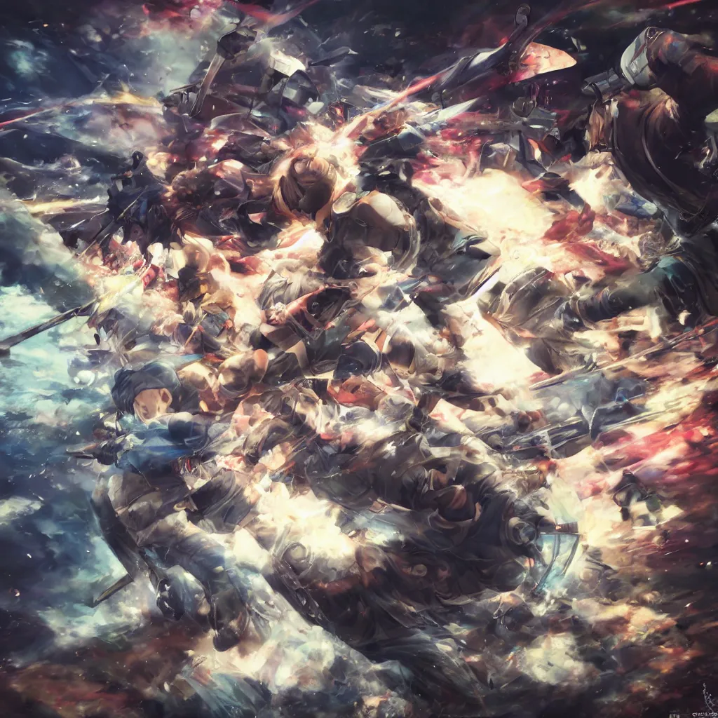 Image similar to realistic detailed fight of one main anime protagonist getting punched, sword, gun, deep rich colors, surreal, 8 k, award winning, digital manga art, vray, blur, cinematic, neon, cyberwave, ayamin kojima, gediminas pranckevicius