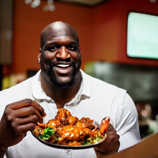 Image similar to Shaquille O'neil eating hot spicy chicken wings, 4k UHD picture