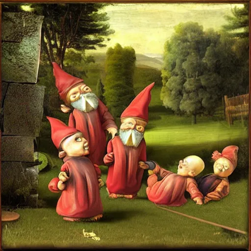 Prompt: creepy garden gnomes renaissance painting