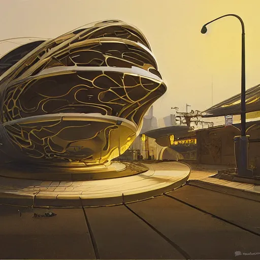 Prompt: painting of syd mead artlilery scifi parametric house with ornate metal work lands on a sidewalk, filigree ornaments, volumetric lights, simon stalenhag