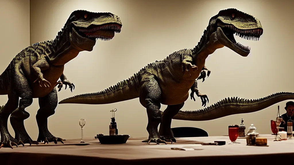 Image similar to the dinosaur sits at a table, made of wax and water, film still from the movie directed by Denis Villeneuve with art direction by Salvador Dalí, long lens, shallow depth of field