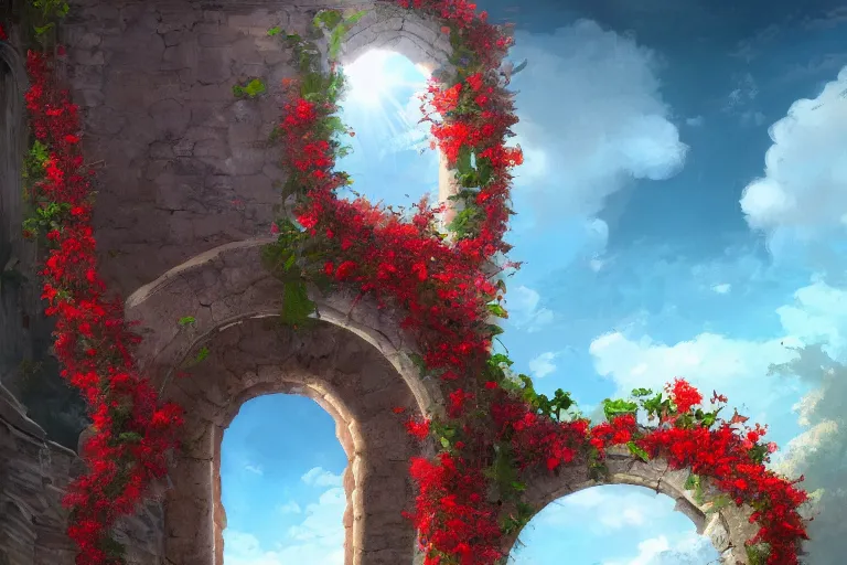 Prompt: broken arches leading to the pillars of eternity draped with red flowers and vines, blue sky, lens flare, a sense of mystery, cinematic, ultra detailed, intricate, sharp focus, trending on artstation, cartoon by Tex Avery, 8K