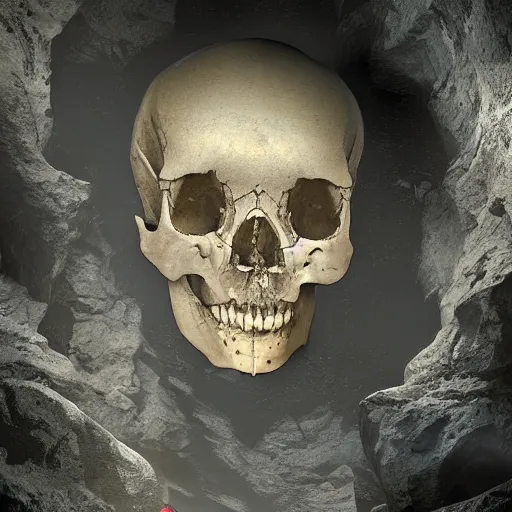 Prompt: an adventurer finds a giant human skull in a dark cave, 4k digital art