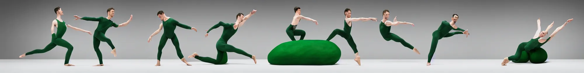 Image similar to ensemble of sisyphus in green-screen suits pushing a boulder through an empty space, white background, ballet performance photography