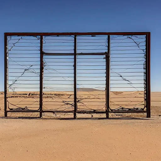 Image similar to a giant closed metal gate inside a secret laboratory in the desert