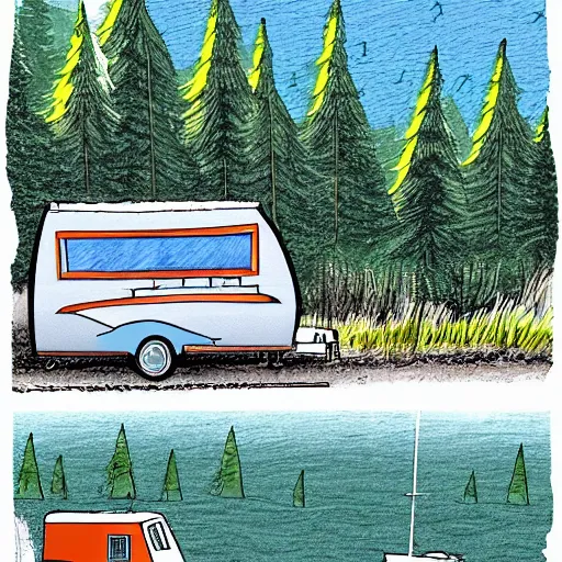 Prompt: travel trailer, forest river grey wolf on the grass by the harbor in maine, rocky coast, sailboats in the water, tiny village, white background, digital cartoon painting art, 4 colors!!! trending on artstation