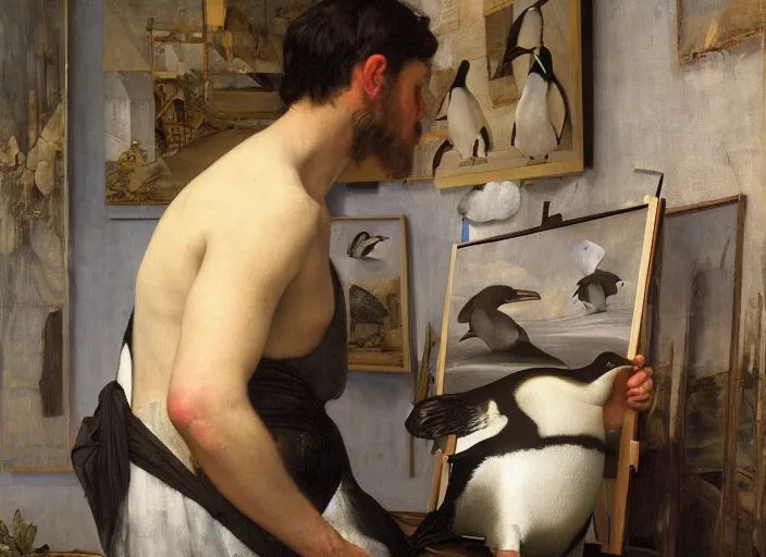 Prompt: an exhausted painter in his studio painting a picture of a penguin, by edgar maxence and caravaggio and michael whelan and delacroix style, artistic, intricate drawing, cinematic lighting, hyper realistic, extremely detailed, establishing shot, 8 k resolution, dramatic lighting