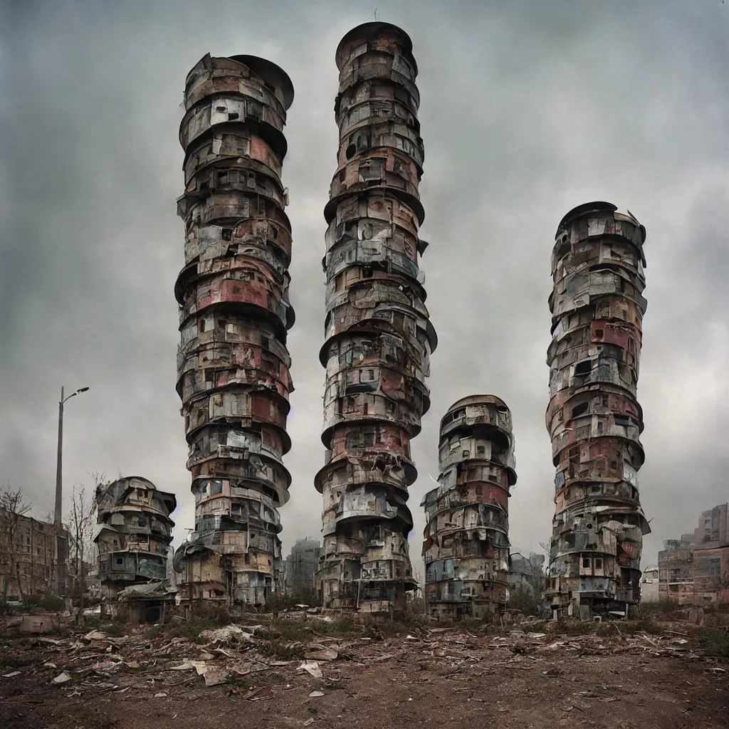 Prompt: circular towers, made up of makeshift squatter housing with faded colours, apocalyptic sky, misty, dystopia, mamiya rb 6 7, fully frontal view, ultra sharp, very detailed, photographed by julie blackmon