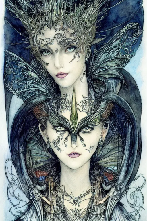Image similar to dark fairy queen closeup face surrounded by bat wings, art by luis royo and walter crane and kay nielsen, watercolor illustration,