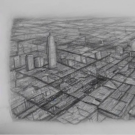 Image similar to pencil sketch of destroyed city bird view