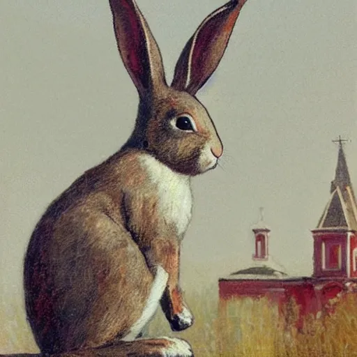 Image similar to a rabbit sitting in front of an old wooden russian church, in the style of ilya repin