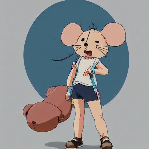 Prompt: in the style of studio ghibli, anthropomorphic mouse, female, wearing denim shorts and tank top, detailed, intricate, aesthetic, artistic, ambient occlusion, volumetric light effect