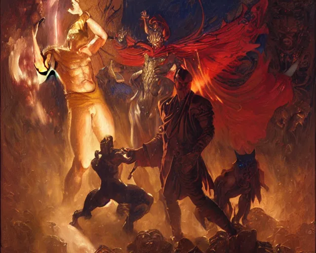 Image similar to heroic magician man, casting dark magic, summoning heroic devil. highly detailed painting by gaston bussiere, craig mullins, j. c. leyendecker, tom of finland