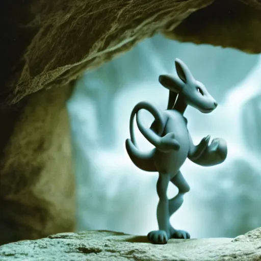 Prompt: national geographic 3 5 mm nature photo of mewtwo in a cave