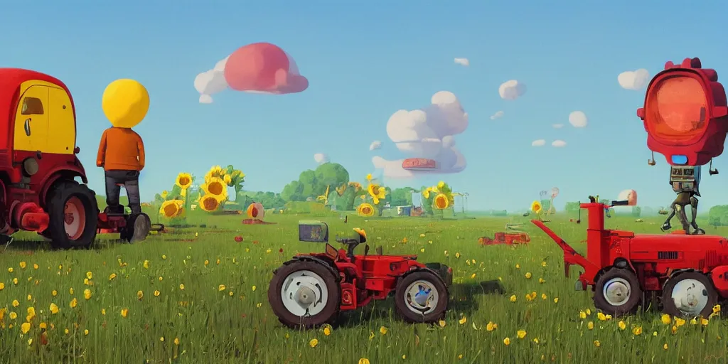 Prompt: cute cartoon little tractor dragging the russian tank on the sunflower field by goro fujita and simon stalenhag and wes anderson and alex andreev and chiho aoshima and beeple and banksy and kandinsky and magritte and basquiat and picasso, 8 k, trending on artstation, hyper detailed, cinematic