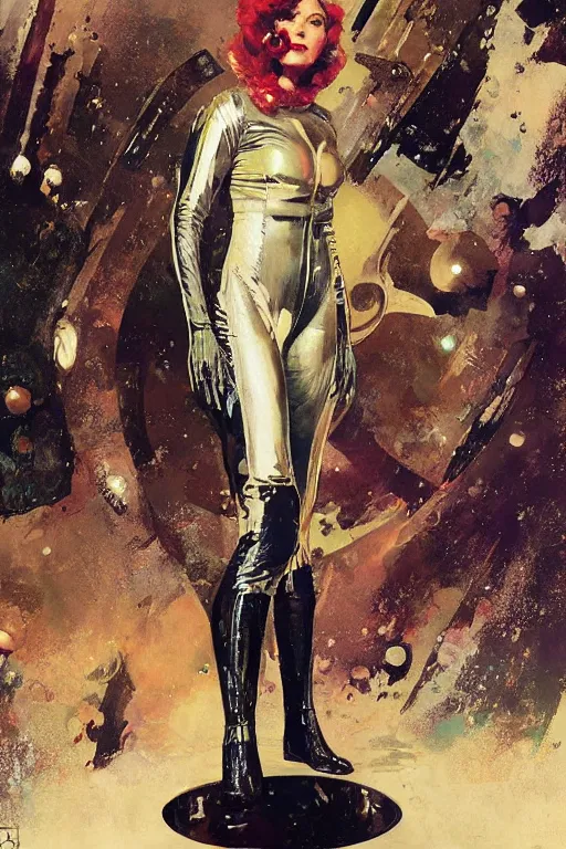 Image similar to pulp scifi fantasy illustration full body portrait of elegant woman wearing latex spacesuit, by norman rockwell, jack kirby, bergey, craig mullins, ruan jia, jeremy mann, tom lovell