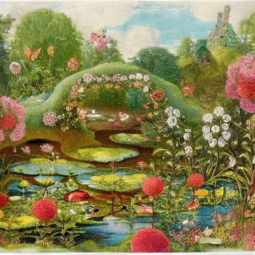 Image similar to detailed fairy hollow with a pond and flowers, by Cecily Mary Barker