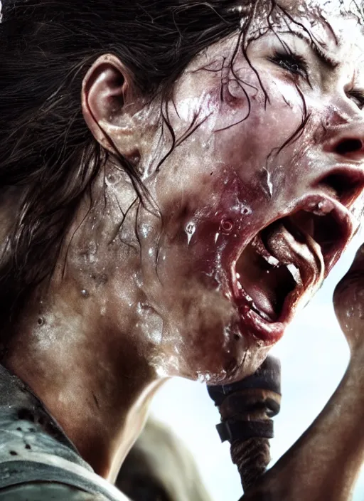 Image similar to a film still of lara croft screaming, her face sweat, direct sun light, close up potrait, cinematic,