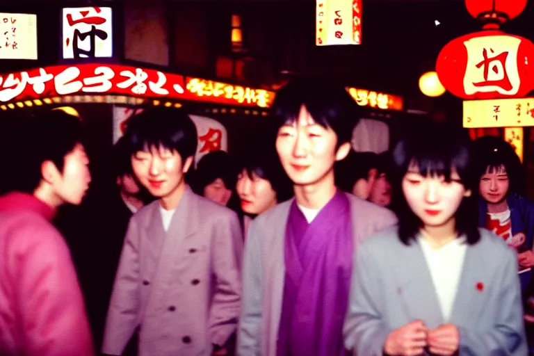 Image similar to masterful photography by haruto hoshi and yang seung woo and saul leiter, young people enjoying night life in kabuki cho japan in the 1 9 9 0 s, film grain, full color, shot on kodak gold with a canon 8 5 mm lens aperture f / 5. 6, hyperrealistic