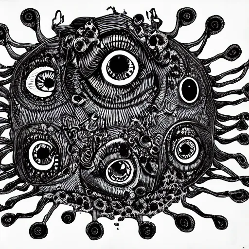 Image similar to hundreds of eyeballs, pen and ink, psychedelic, eerie, surreal, very detailed