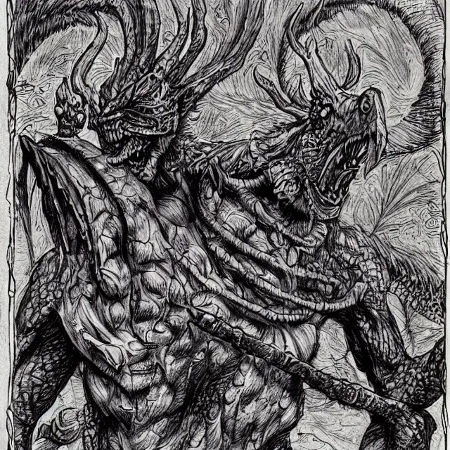 Prompt: Ink drawing of a draconic goblin shamen in the style of the AD&D monster manual detailed HD 8k High Resolution