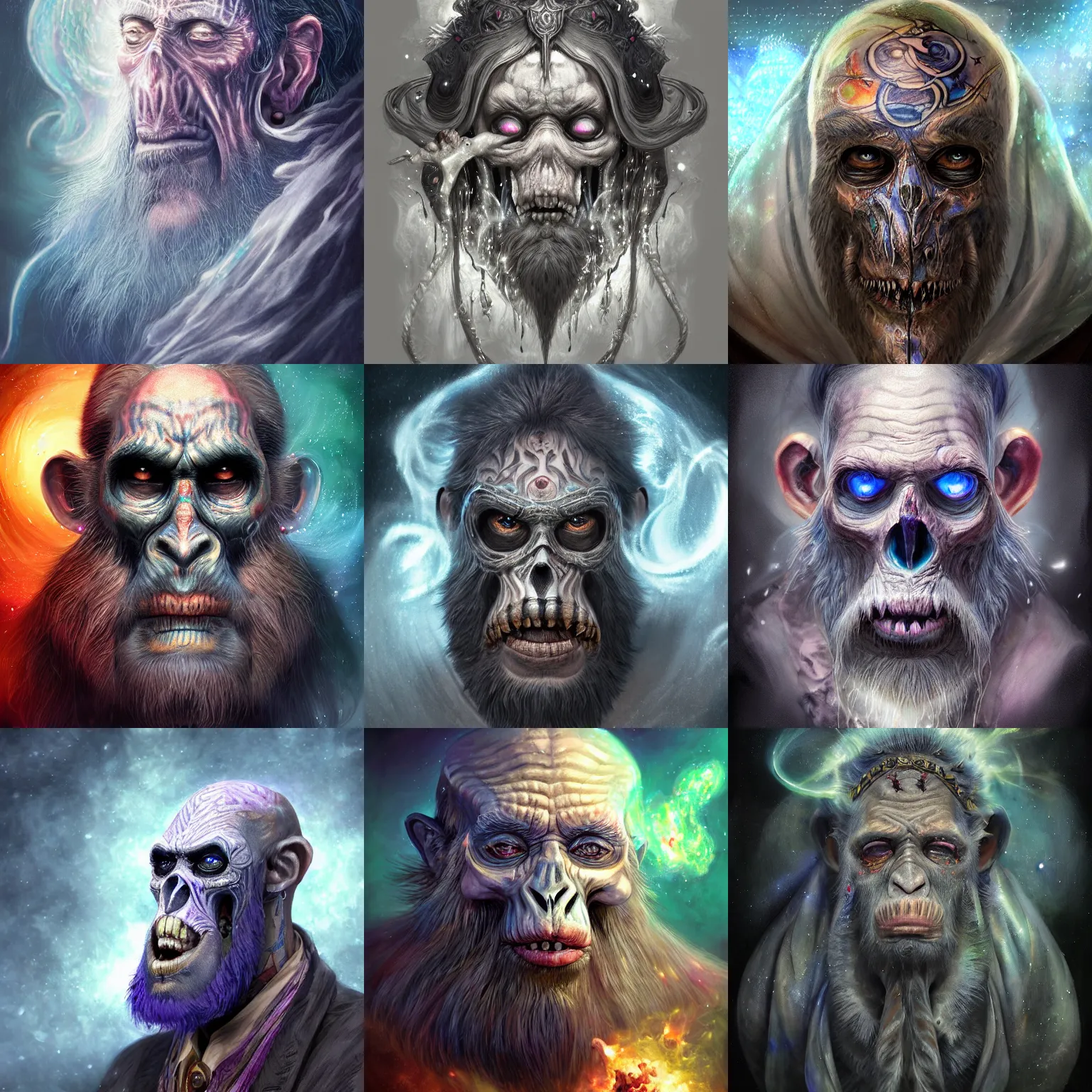 Image similar to a wlop 3 d render of very very very very highly detailed beautiful mystic portrait of a phantom undead mage ape with whirling galaxy around, tattoos by anton pieck, intricate, extremely detailed, digital painting, artstation, concept art, smooth, sharp focus, illustration, intimidating lighting, incredible art,