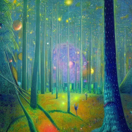 Image similar to psychedelic lush pine forest, outer space, milky way, amber eyes cat eyes designed by arnold bocklin, jules bastien - lepage, tarsila do amaral, wayne barlowe and gustave baumann, cheval michael, trending on artstation, star, sharp focus, colorful refracted sparkles and lines, soft light, 8 k 4 k