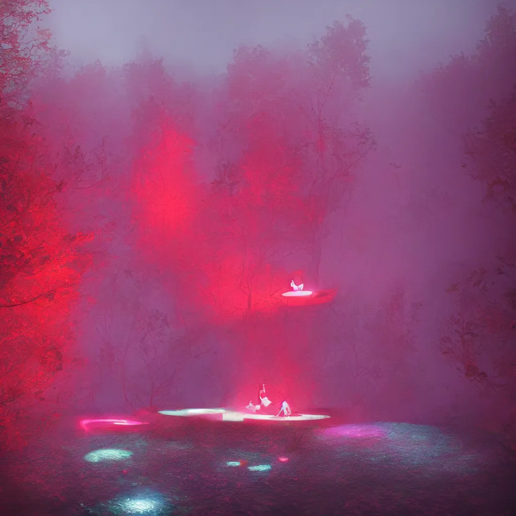 Image similar to rave in the red pond at night, light art, epic composition, by benoit paille, hd, octane, volumetric lighting, masterpiece,