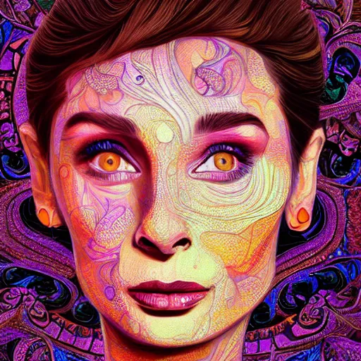 Image similar to An extremely psychedelic portrait of Audrey Hepburn, surreal, LSD, face, detailed, intricate, elegant, lithe, highly detailed, digital painting, artstation, concept art, smooth, sharp focus, illustration