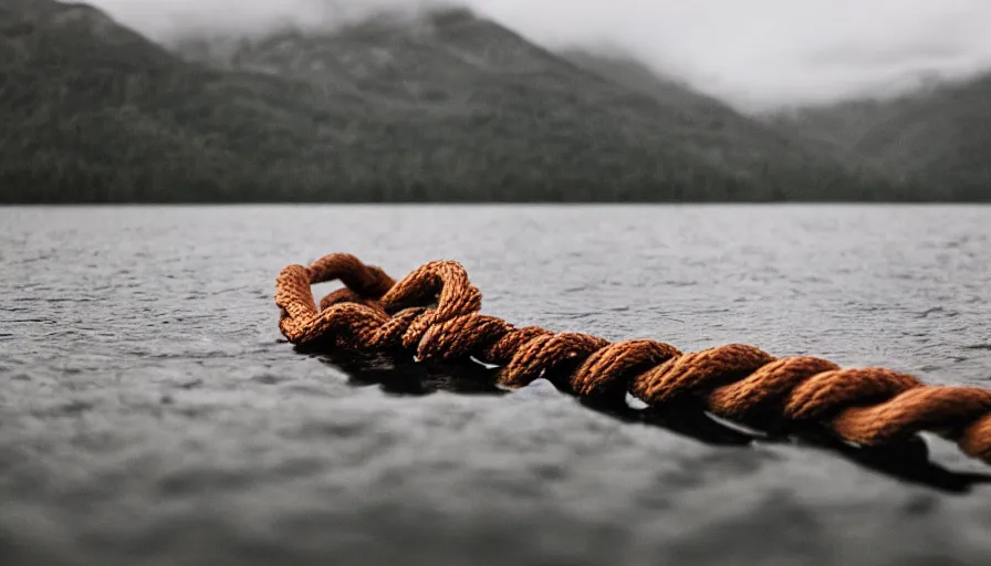 Prompt: photo of a rope on the surface of water, in the middle of a lake, overcast day, rocky foreground, 2 4 mm leica anamorphic lens, moody scene, stunning composition, hyper detailed, color kodak film stock