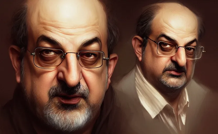 Image similar to portrait of salman rushdie, deep focus, d & d, fantasy, intricate, elegant, highly detailed, digital painting, artstation, concept art, matte, sharp focus, illustration, art by artgerm and greg rutkowski and alphonse mucha