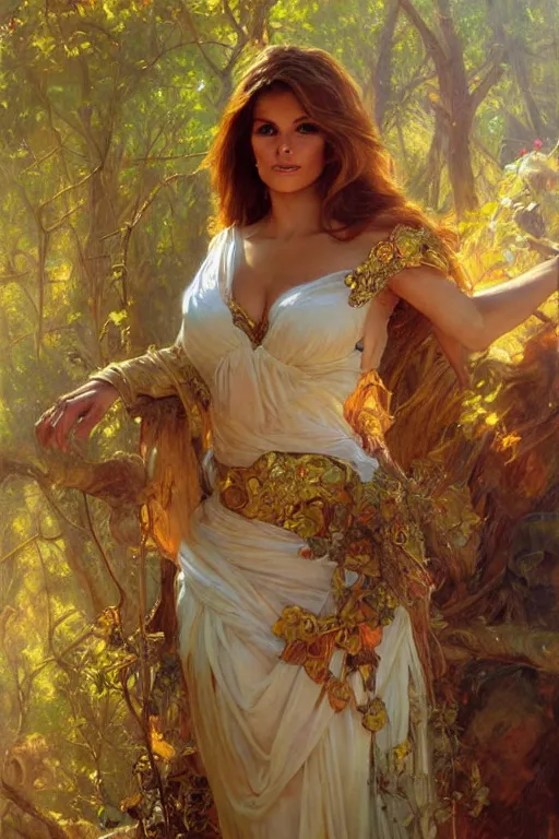 Image similar to young Raquel Welch portrait, fantasy, elegant, intricate, by Stanley Artgerm Lau, greg rutkowski, thomas kindkade, alphonse mucha, loish, norman Rockwell