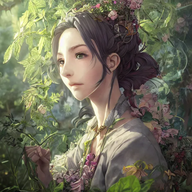 Image similar to the portrait of chaotic good female druid botanist as absurdly beautiful, gorgeous, elegant, young anime girl, an ultrafine hyperdetailed illustration by kim jung gi, irakli nadar, intricate linework, sharp focus, bright colors, octopath traveler, final fantasy, unreal engine 5 highly rendered, global illumination, radiant light, detailed and intricate environment