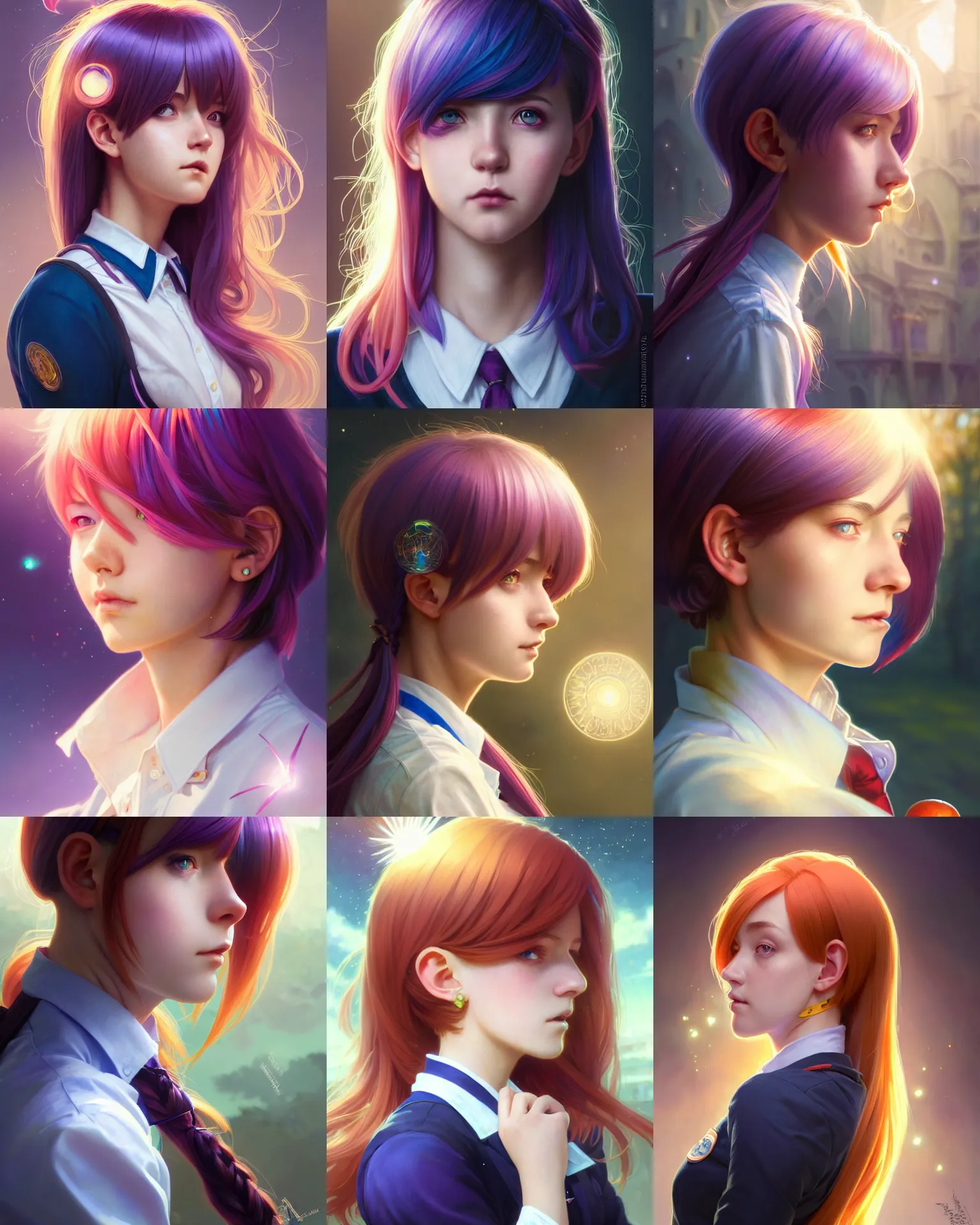 Image similar to side portrait of an innocent lost college girl, magic school uniform, multi - colored hair, short hair style, fantasy building, intricate, sharp focus, lens flare, bloom, rim light, illustration, highly detailed, digital painting, concept art, matte, art by wlop and artgerm and greg rutkowski and alphonse mucha, masterpiece