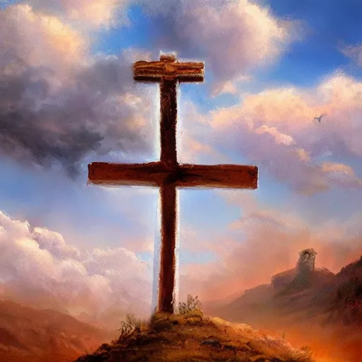 Prompt: painting of three 1st century empty crucifixion crosses on calvary hill, miraculous cloudy backdrop, by Tony Sart, ArtStation, Detailed, realistic